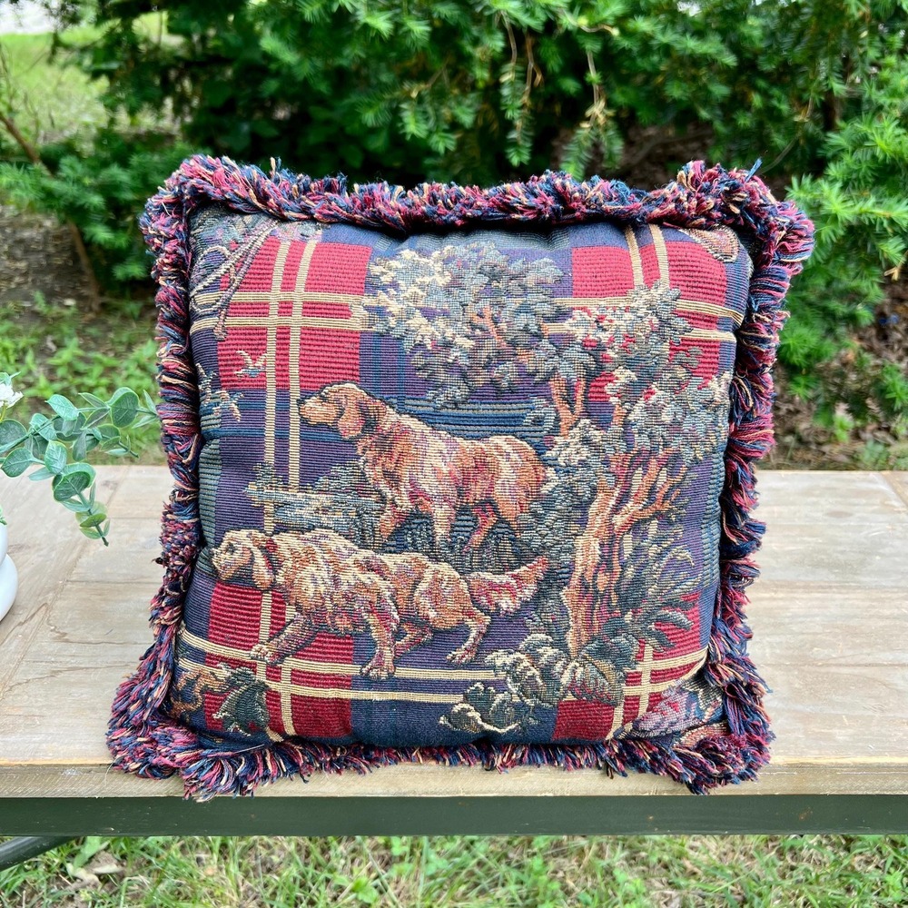 Vintage Tapestry Dog and Plaid Throw Pillow